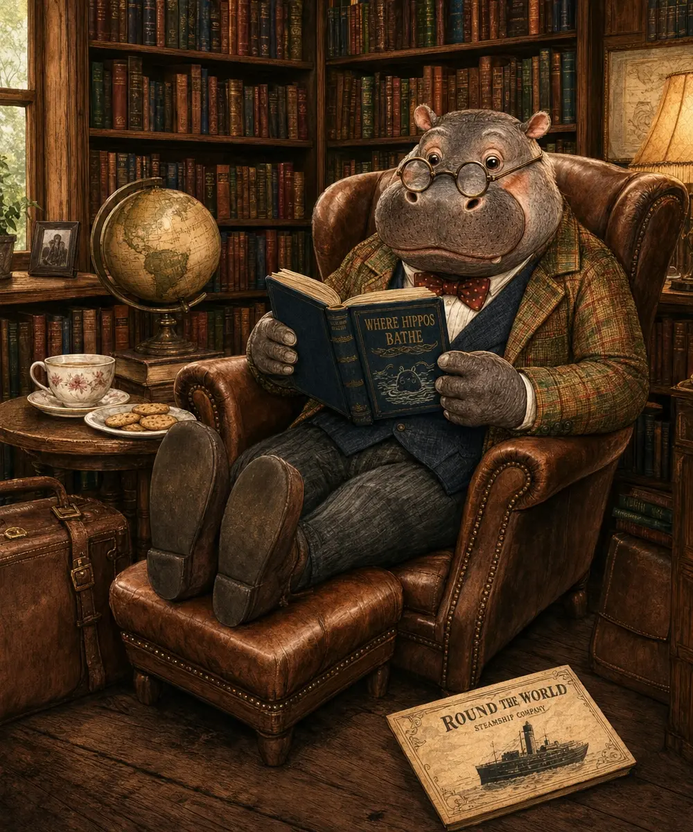 Professor Horatio reading in his armchair, surrounded by books and a globe