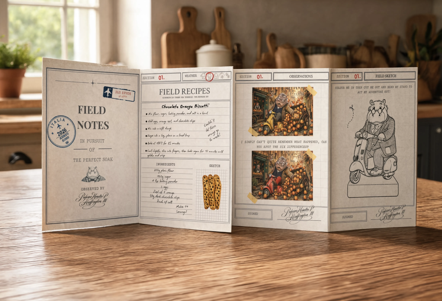 The full fold-out concertina from Edition 1 standing open on a kitchen table: field notes, a recipe, a spot-the-difference scene, and a colour-in, cut-out Professor Horatio