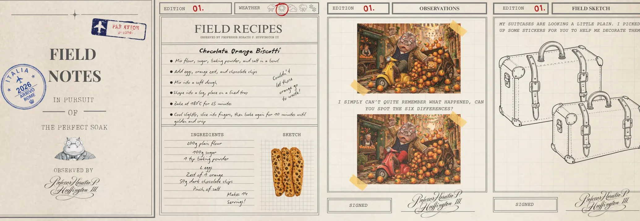 Field Notes and a Chocolate Orange Biscotti recipe card from Edition 1